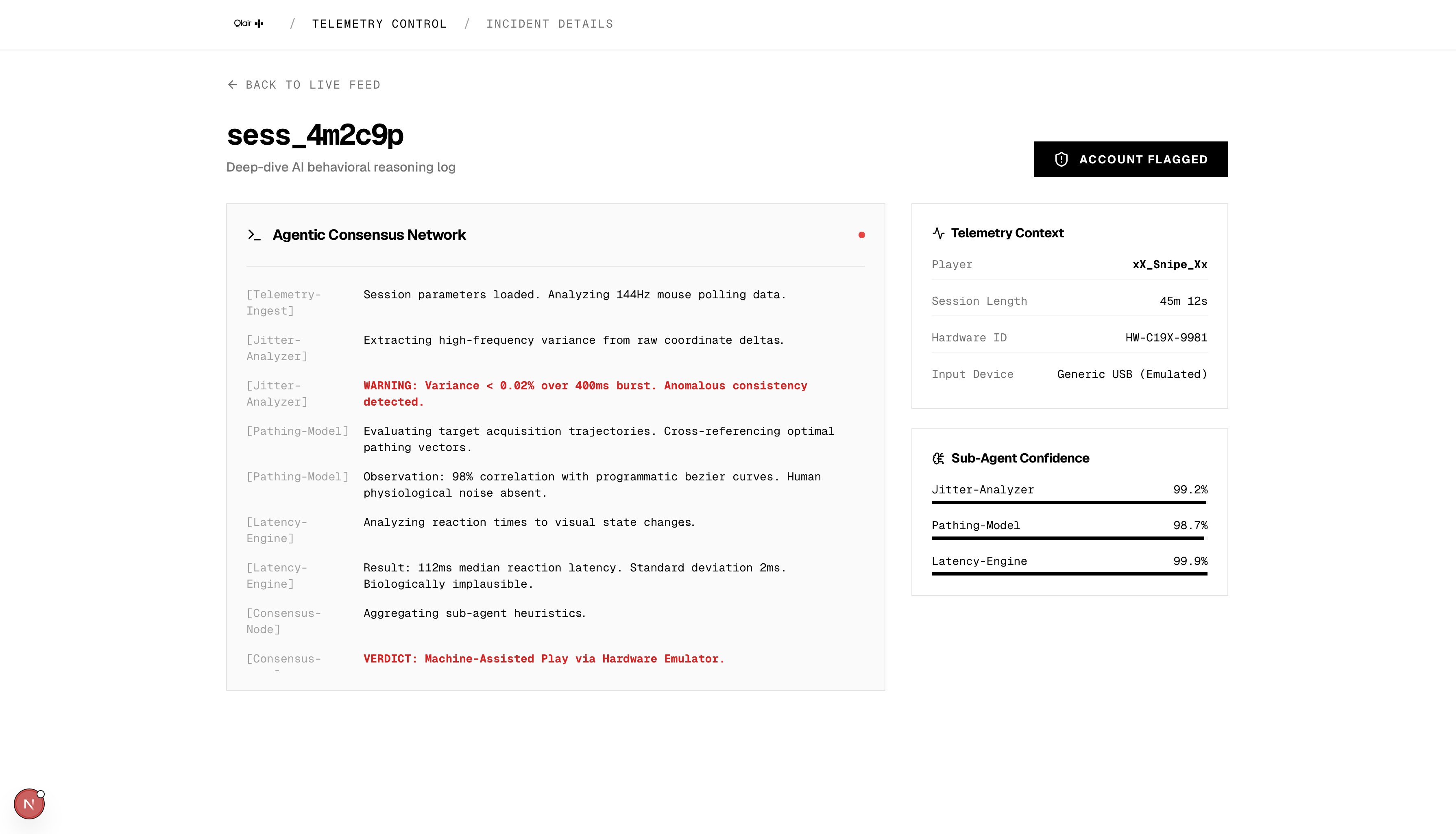 Qlair incident details interface showing behavioral reasoning log and account flagged status